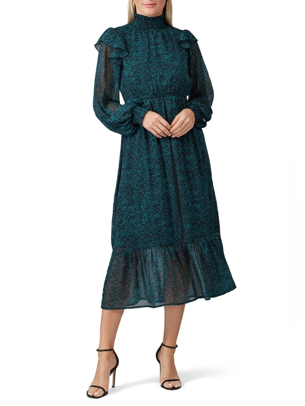 Spirit of Grace Long Sleeve Smocked Neck Teal Floral Women’s Midi Dress XS